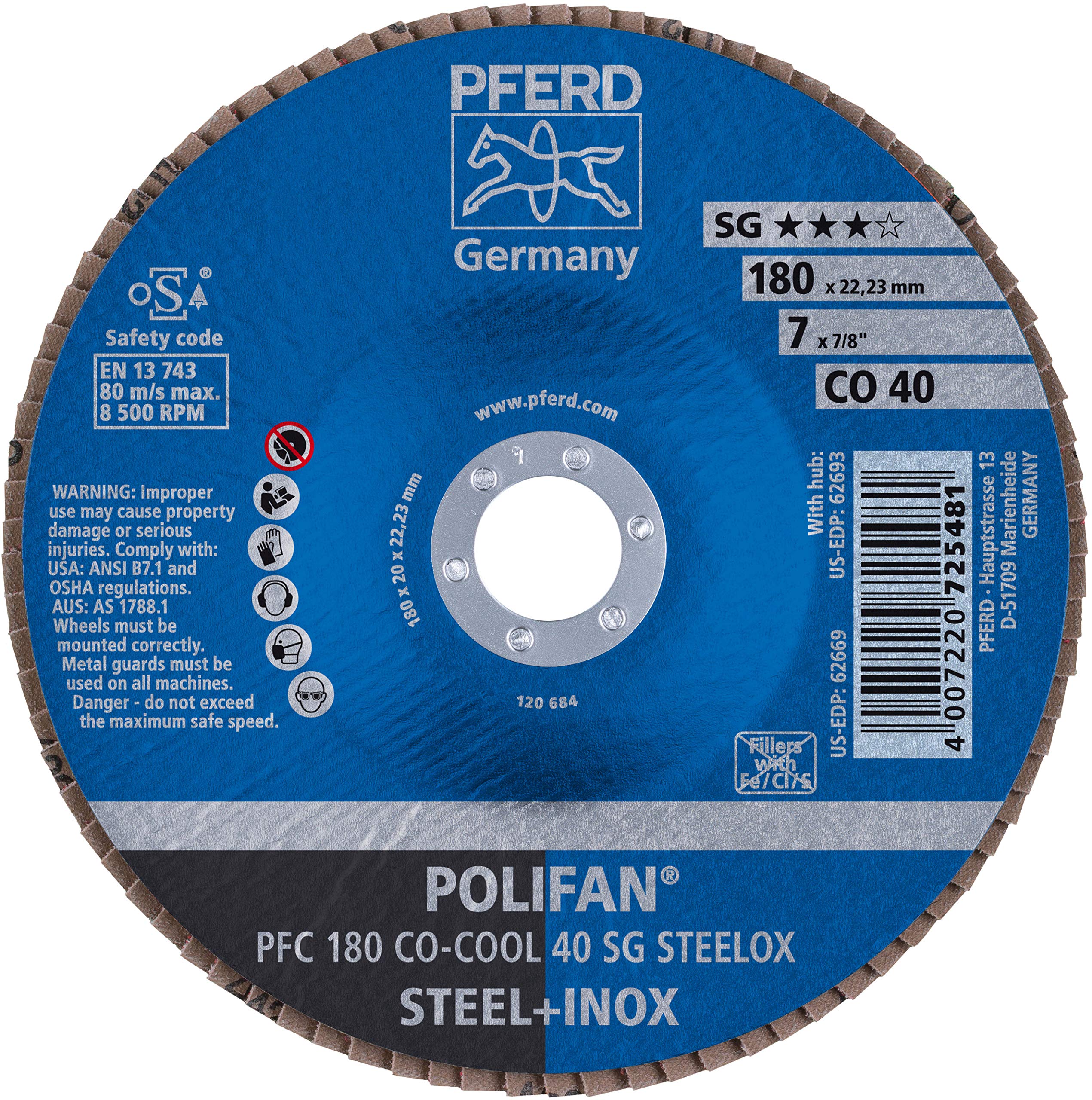 7" x 7/8" POLIFAN® Flap Disc - Conical SGP Ceramic Oxide Cool, 40 Grit 7 Inches 40 7/8 Inches Round Hole 8500 RPM 1 62669
