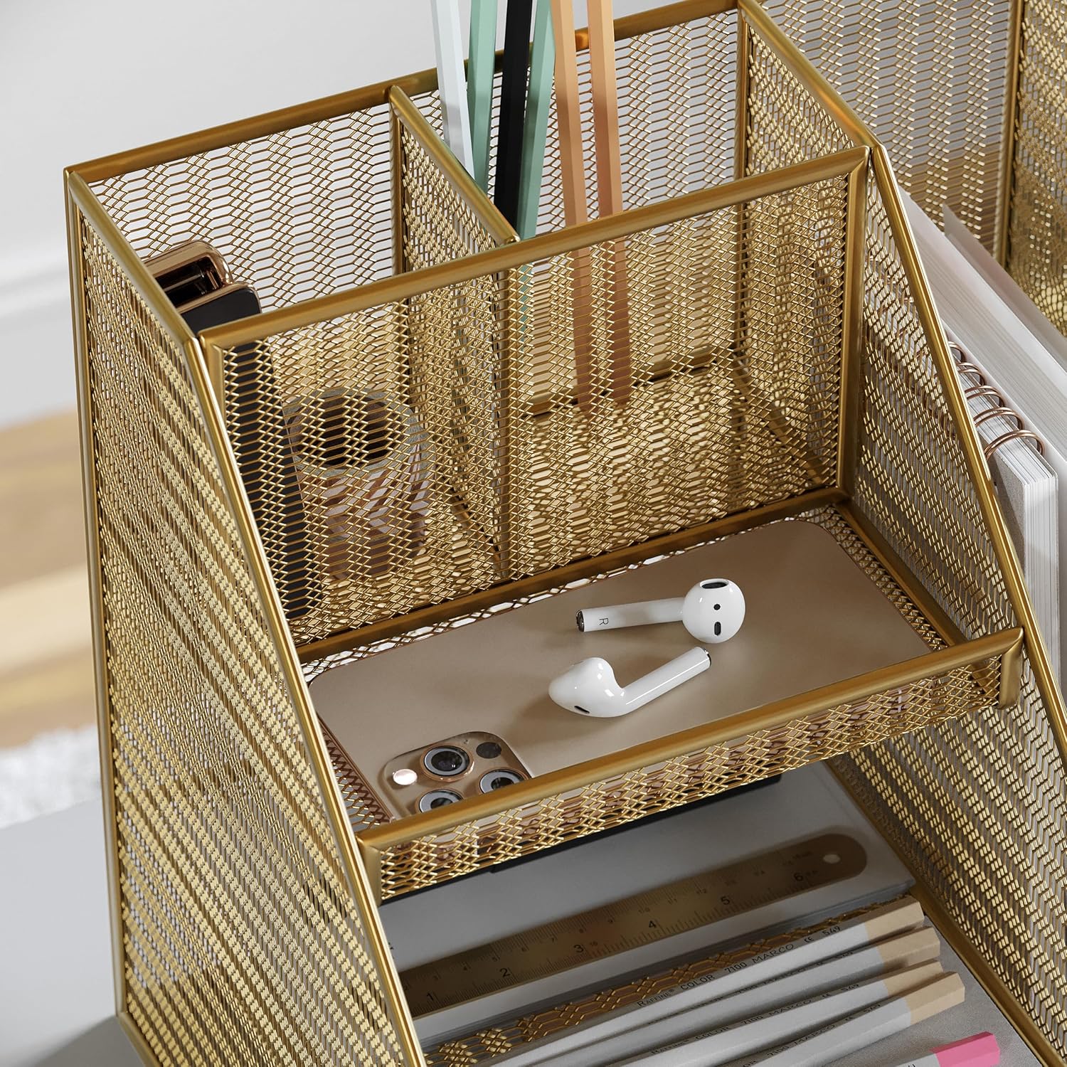 Martha Stewart Ryder Mesh Metal Large Desktop Organizer With Magazine File Holder, Pen Holder And Storage