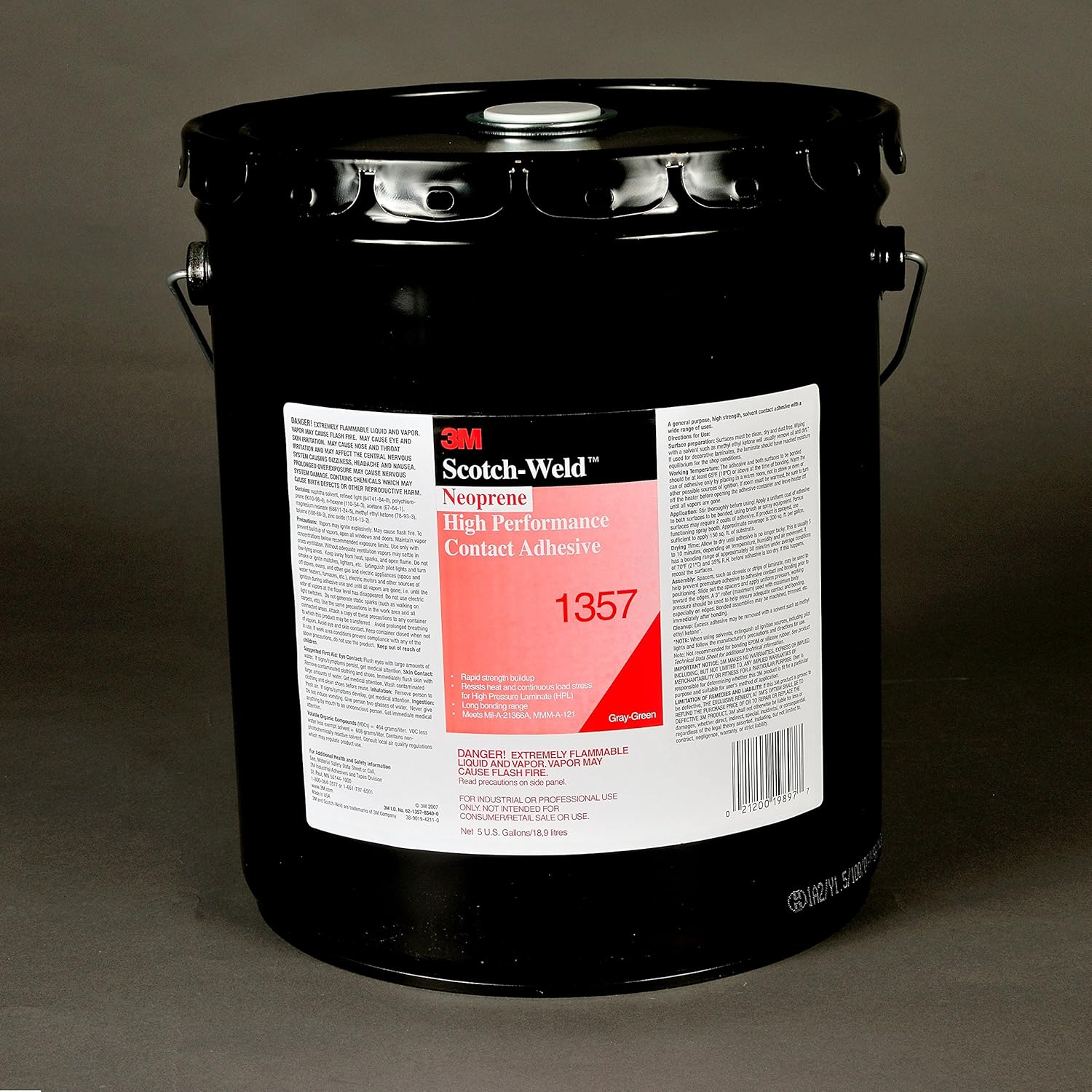 3M NEOPRENE HIGH PERFORMANCE CONTACT ADHESIVE 1357, GRAY-GREEN, 5 GALLON POUR SPOUT DRUM (PAIL)