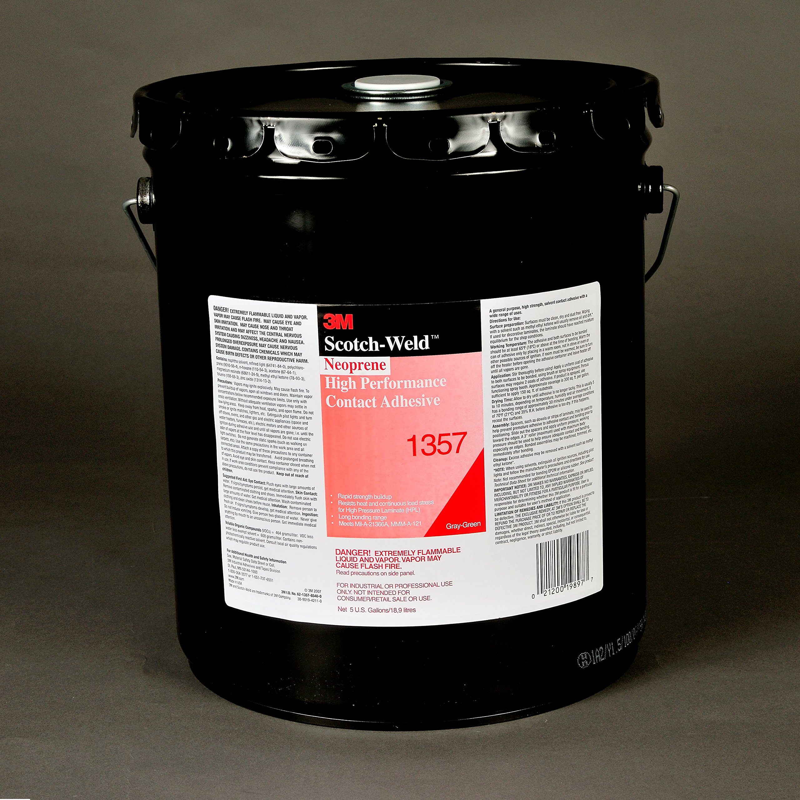 3M NEOPRENE HIGH PERFORMANCE CONTACT ADHESIVE 1357, GRAY-GREEN, 5 GALLON POUR SPOUT DRUM (PAIL)