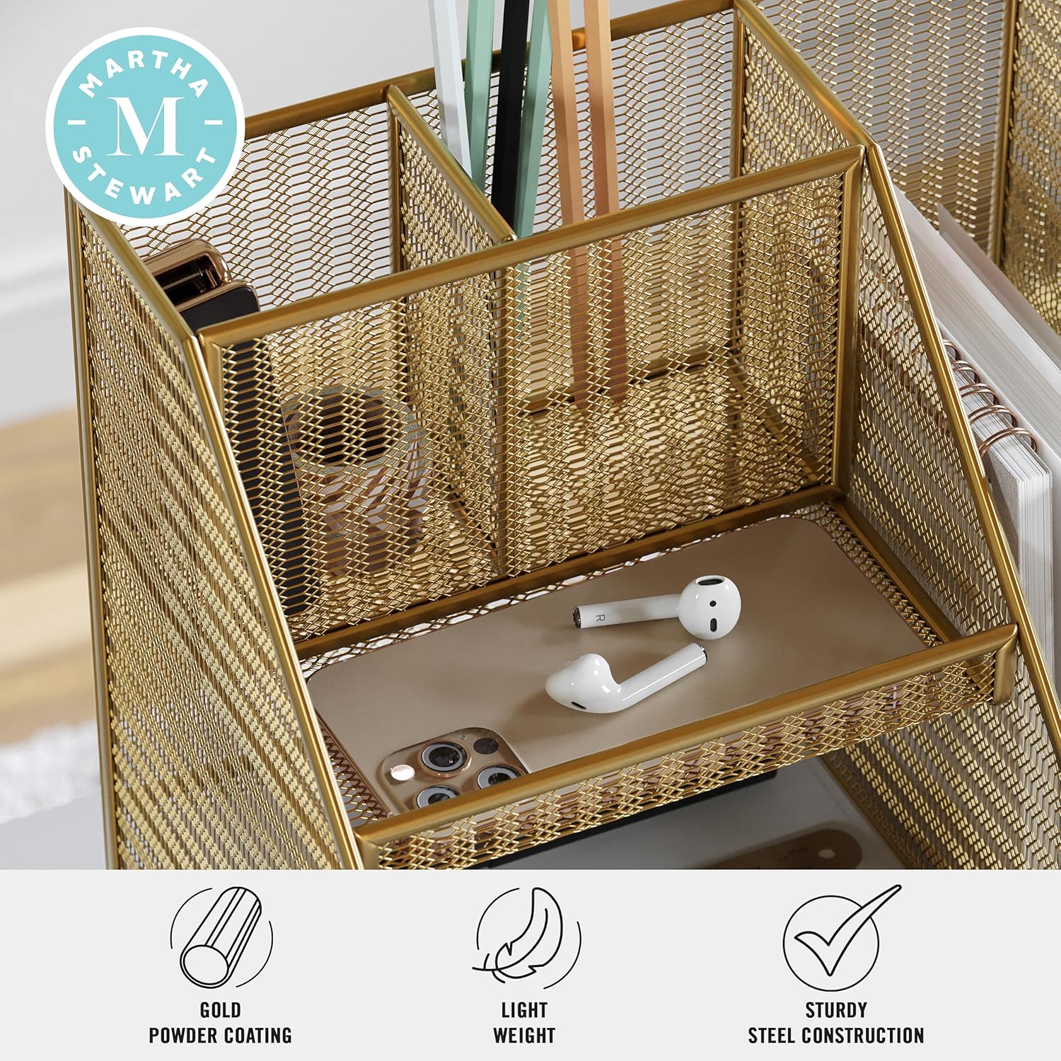 Martha Stewart Ryder Mesh Metal Large Desktop Organizer With Magazine File Holder, Pen Holder And Storage