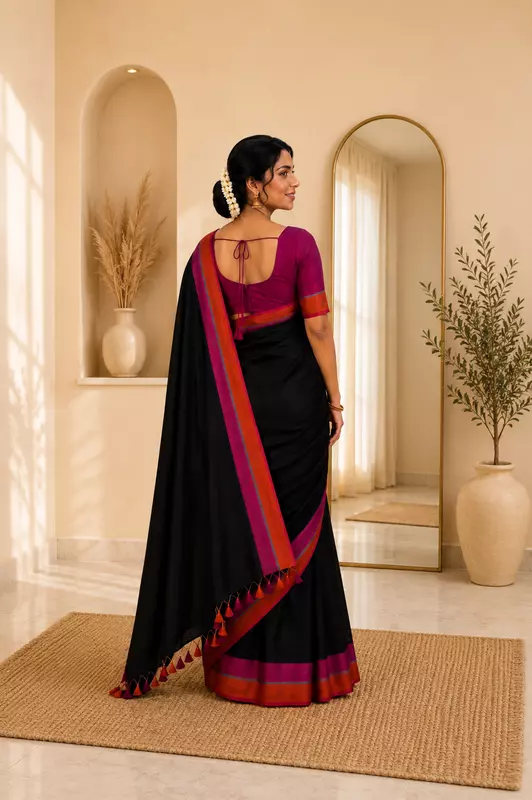 Mul cotton without Blouse Black with Pink and orange