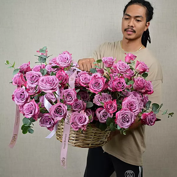 101 Purple Roses And Eucalyptus Luxury Basket