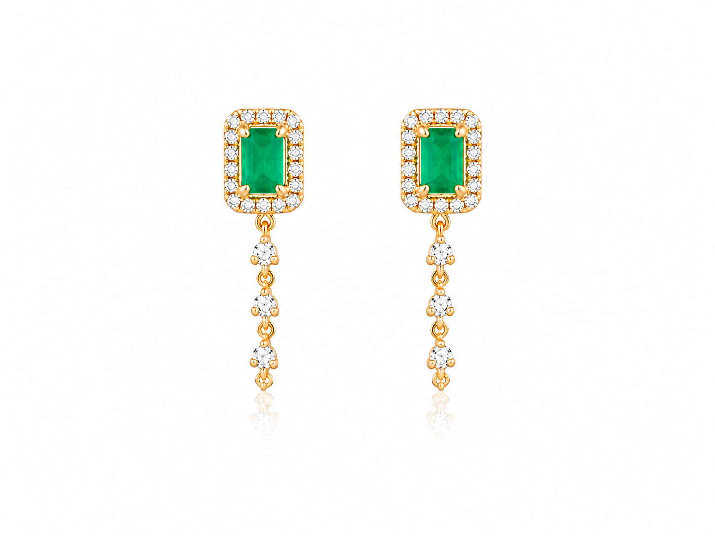 ARETES RECT ESMERALDA CON CADENA LARGA Y DI 46D-0.18CT