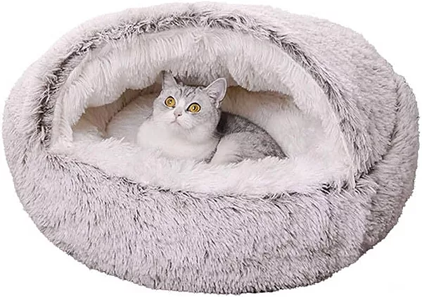 Cat Calming Cave Bed Sleep Nest Long Plush Round Fluffy Soft Cat Bed Pet Houses Furniture, Washable