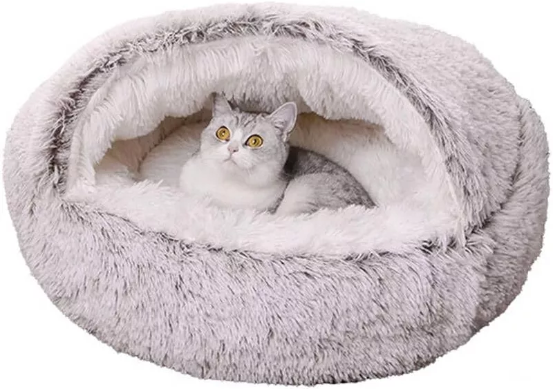 Cat Calming Cave Bed Sleep Nest Long Plush Round Fluffy Soft Cat Bed Pet Houses Furniture, Washable