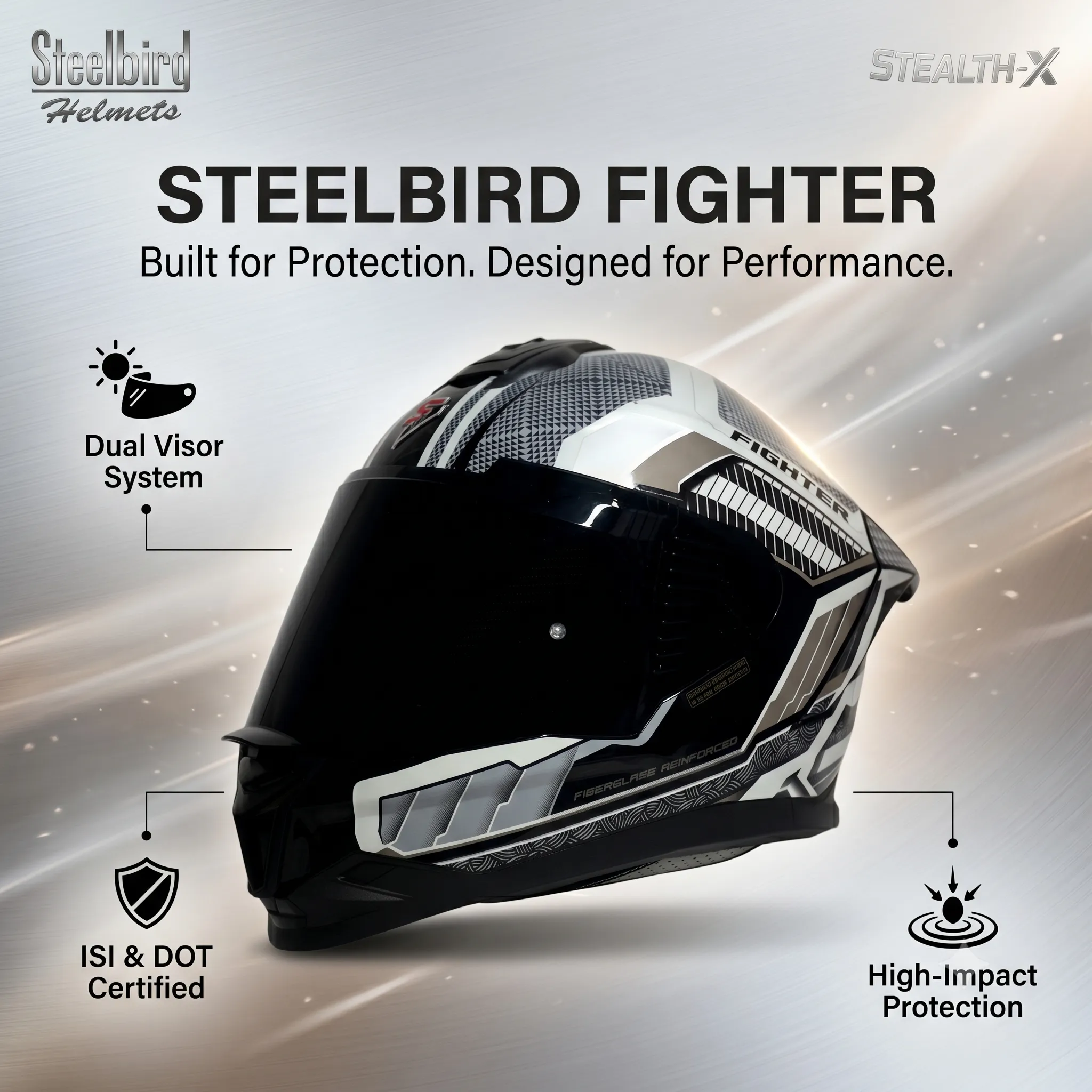 STEELBIRD SBH-57 ISS FIGHTER PYTHON GLOSSY BLACK/GREY C/V 580 MM WITH EXTRA SMOKE VISOR
