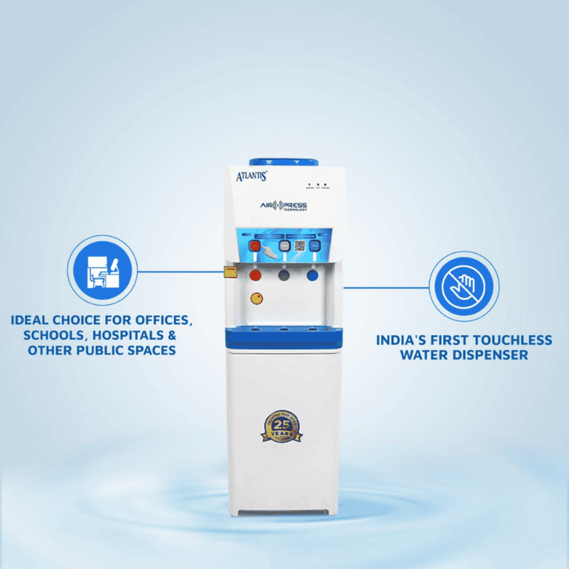 Durable Atlantis floor standing dispenser with dual taps for hot and cold touchless water.