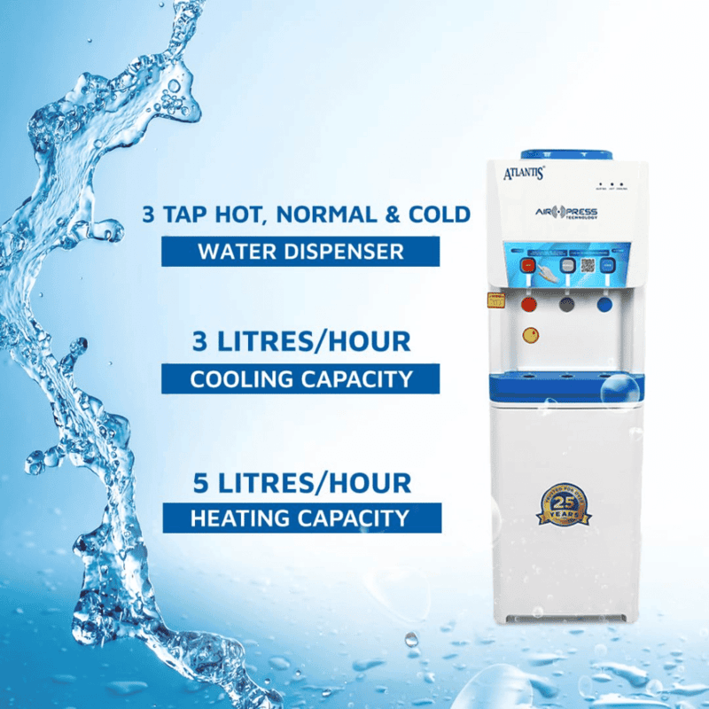 Hygienic touchless water dispenser by Atlantis featuring a slim, space-saving floor design.