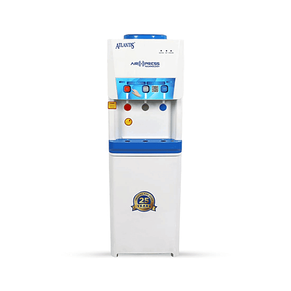 Modern Atlantis Air Press touchless floor standing water dispenser in a sleek office setting.