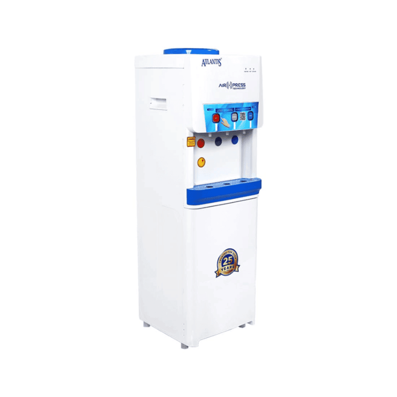 Side view of the Atlantis Air Press water dispenser showing the integrated bottle cabinet.