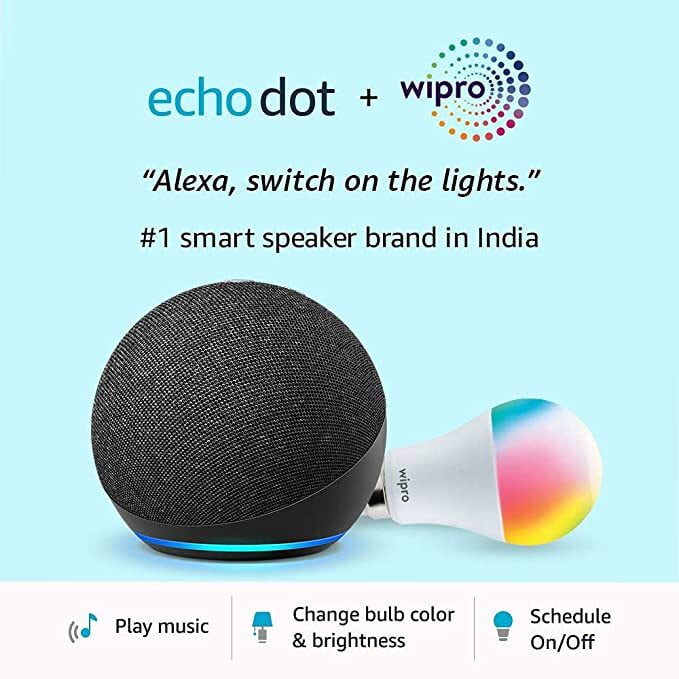 All-new Echo Dot (4th Gen, Black) combo with Wipro 9W LED smart color bulb