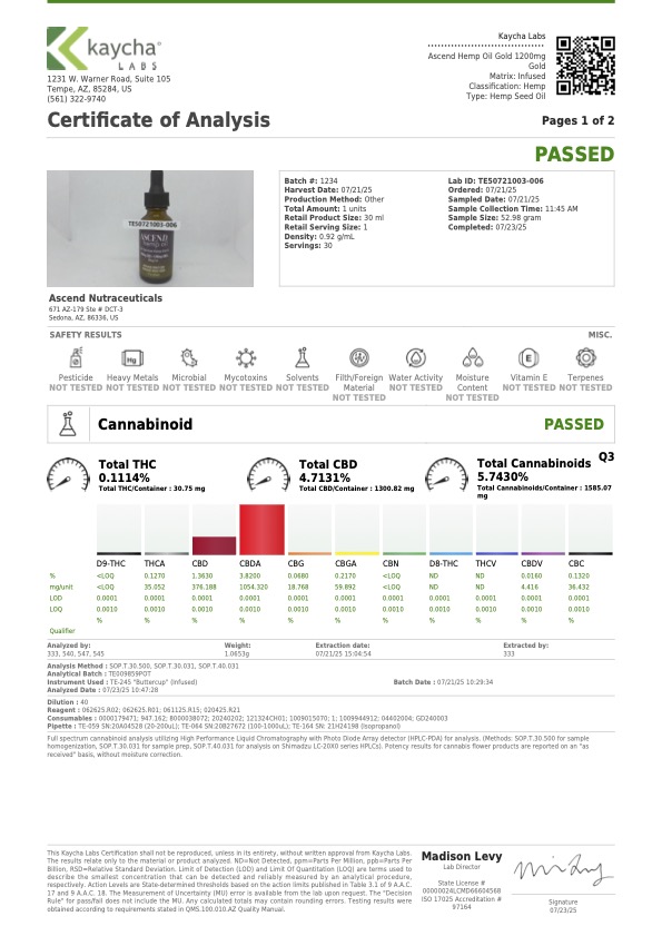 Anasazi Gold 1200mg CBD x 1200 CBDA oil
