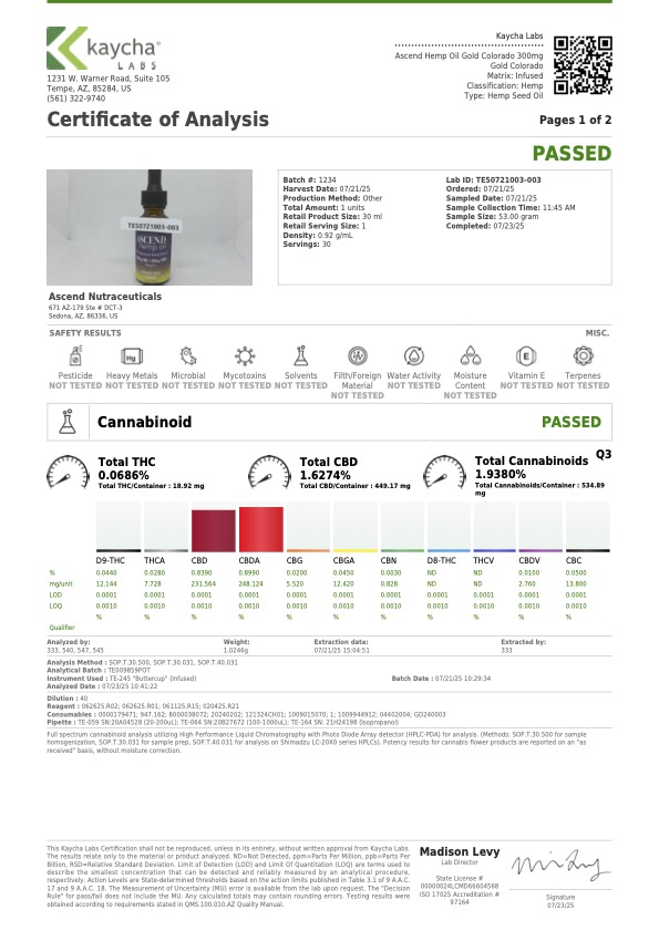 Anasazi Gold 300mg CBD + 300mg CBDA oil