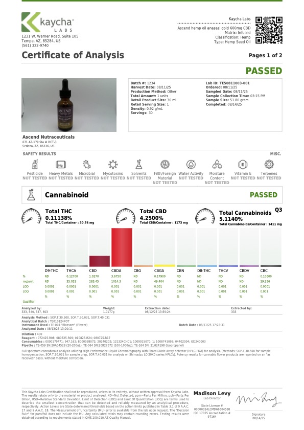 Anasazi Gold 600mg CBD x 600 CBDA oil