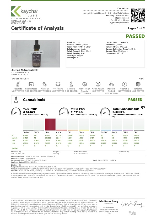 PETS Kentucky OG 300mg CBD + Anasazi Goldn80mg CBDA oil
