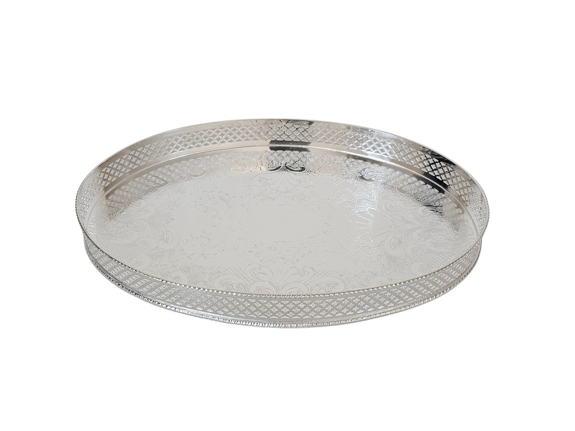 Gallery Tray Oval Engraved 12" x 8" x 1.25" English Silver Plate .SKU:ANT4404