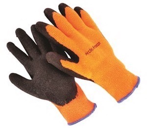 10 Gauge hivis orange ,fleece line, black micro-foam, latex palm