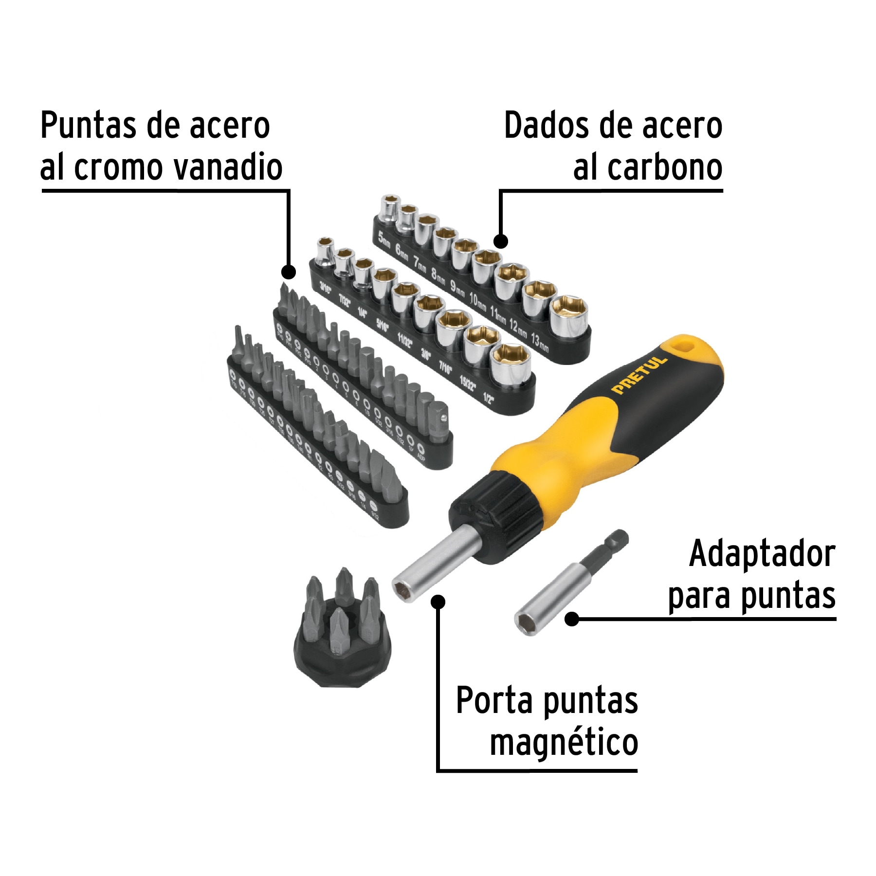 Juego desarmador de matraca, puntas/dados, 61 piezas, Pretul - AUTO-61 / 22976