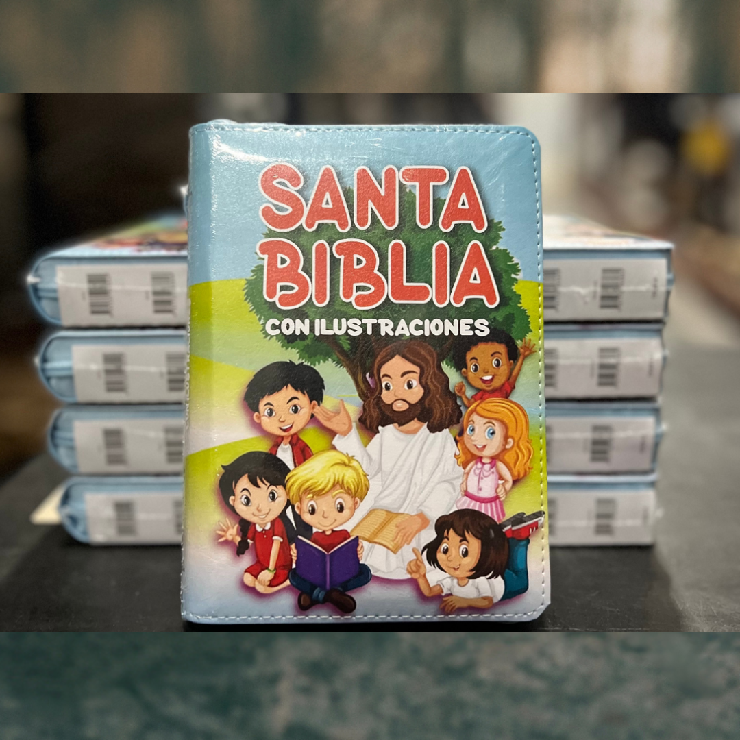 Santa Biblia para Niños /  Portada de Azul / Compacta/  Imitación Piel  Letra /grande de 10 - Caja de 28 unidades