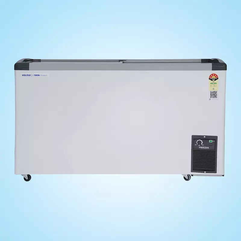 Front view of the Voltas 326 Litres freezer, highlighting its sleek design and clear glass top.