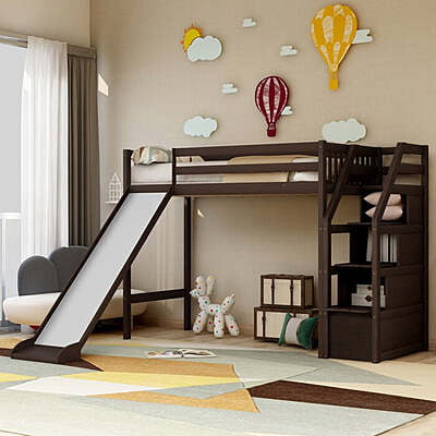 Dark Wood Kids Loft Bed with Slide, Storage Stairs, and Play Area