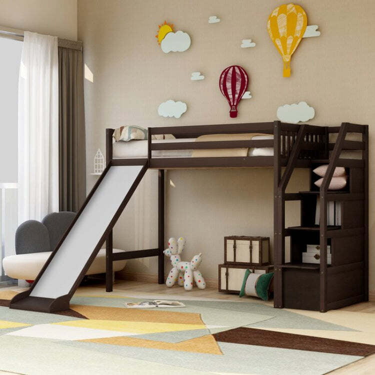 Dark Wood Kids Loft Bed with Slide, Storage Stairs, and Play Area Dark Wood Kids Loft Bed with Slide, Storage Stairs, and Play Area