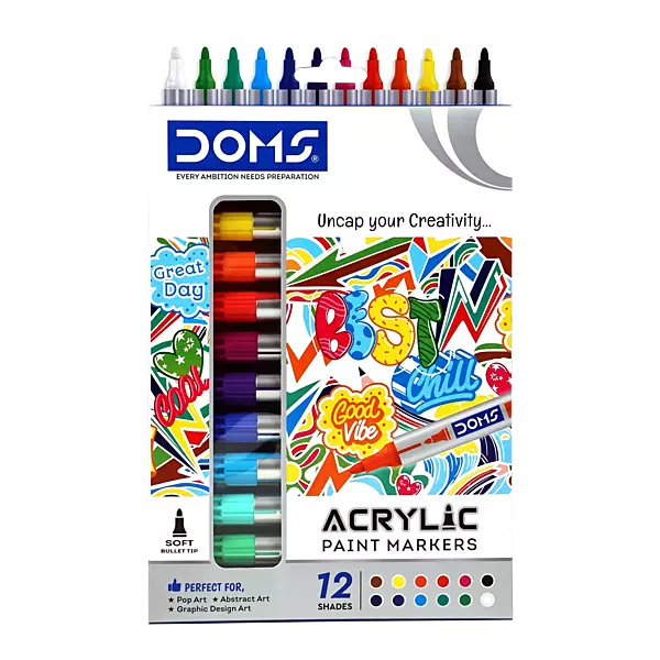 DOMS Acrylic Paint Markers 12 Shades | Multi-Surface Paint Pens for Art, Crafts & DIY