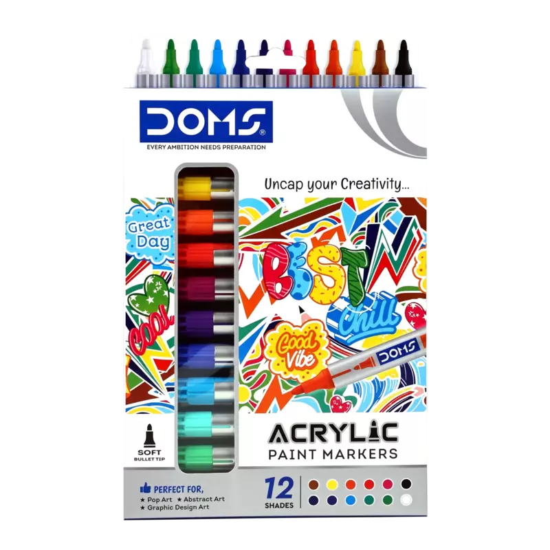 DOMS Acrylic Paint Markers 12 Shades | Multi-Surface Paint Pens for Art, Crafts & DIY