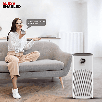 Honeywell Air Touch P2 Platinum Series HEPA air purifier removing dust and allergens.