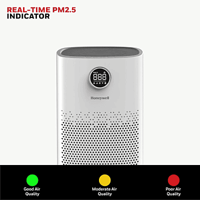 Honeywell Air Touch P2 Platinum Series air purifier displaying real-time air quality indicators.