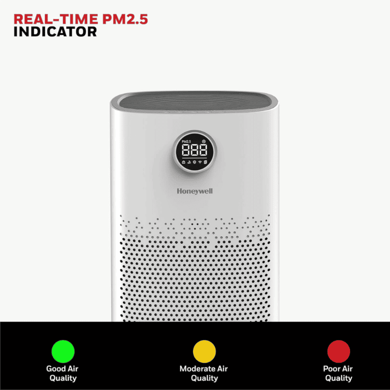Honeywell Air Touch P2 Platinum Series air purifier displaying real-time air quality indicators.
