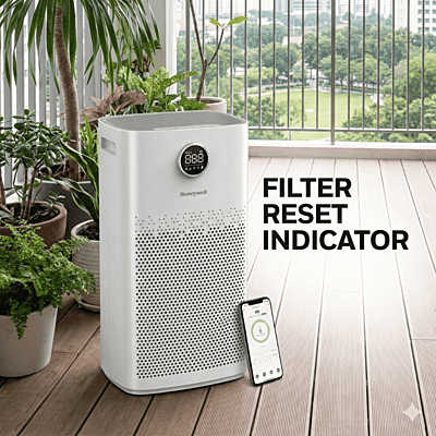 Close-up of the digital touch control panel on the Honeywell Air Touch P2 Platinum Series.