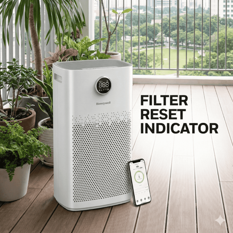 Close-up of the digital touch control panel on the Honeywell Air Touch P2 Platinum Series.