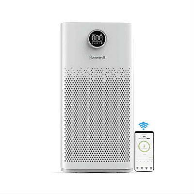 Front view of the Honeywell Air Touch P2 Air Purifier showing its sleek metallic finish.