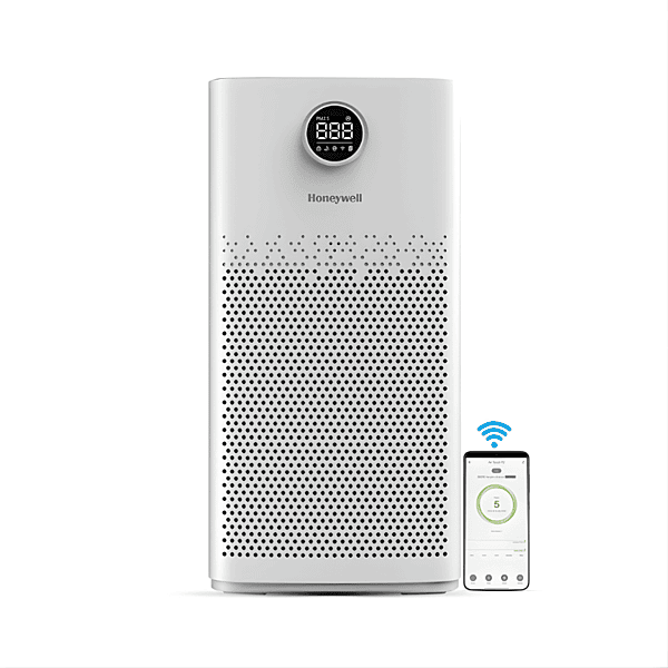 Front view of the Honeywell Air Touch P2 Air Purifier showing its sleek metallic finish.