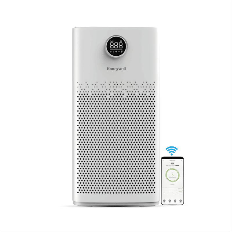 Front view of the Honeywell Air Touch P2 Air Purifier showing its sleek metallic finish.