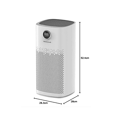 Honeywell Air Touch P2 Platinum Series air purifier standing in a modern living room setting.