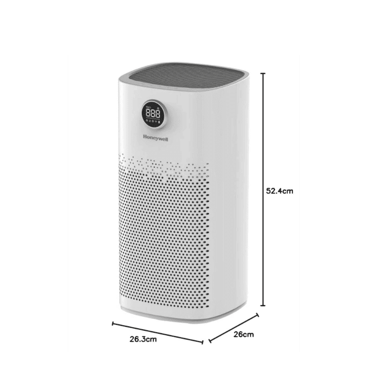 Honeywell Air Touch P2 Platinum Series air purifier standing in a modern living room setting.