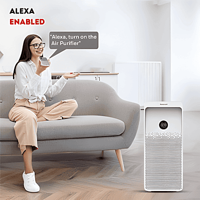 Close-up of the touch control panel and digital display on the Honeywell Air Touch U1.