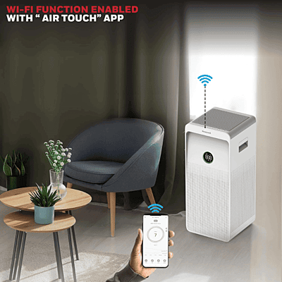 Lifestyle shot of a family sitting near the Honeywell Air Touch U1 Air Purifier in a bedroom.