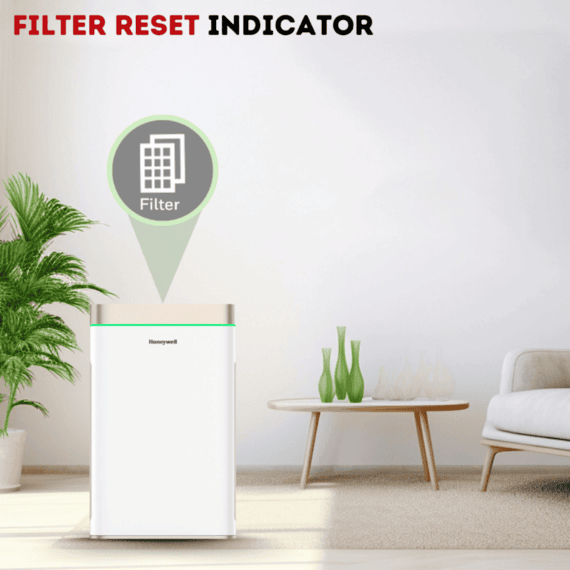 Honeywell Air Touch U2 Air Purifier placed near a sofa in a modern living room.