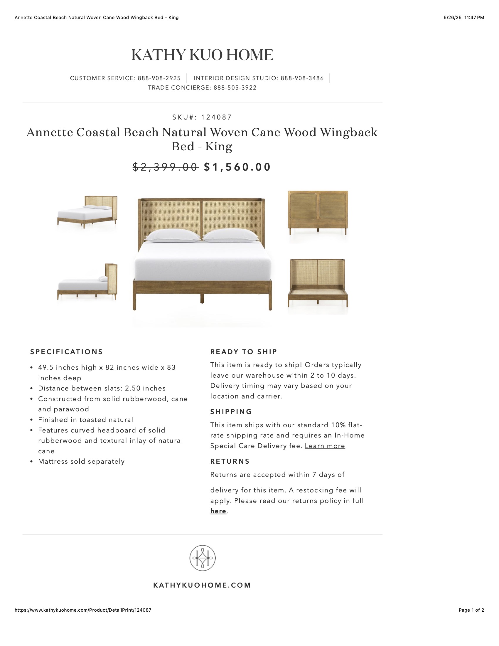 Annette Coastal Beach Natural Woven Cane Wood Wingback Bed - King