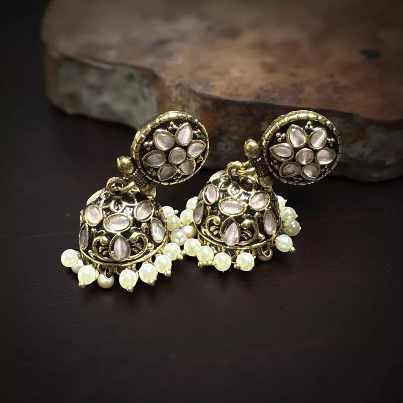 Antique Finish Oxidised Jumkha with Pearls