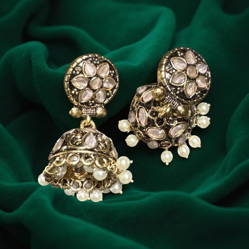 Antique Finish Oxidised Jumkha with Pearls