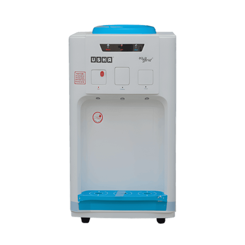 Front view of Usha Aquagenie water dispenser featuring easy-to-use push buttons and drip tray.