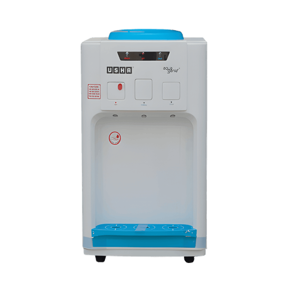 Front view of Usha Aquagenie water dispenser featuring easy-to-use push buttons and drip tray.