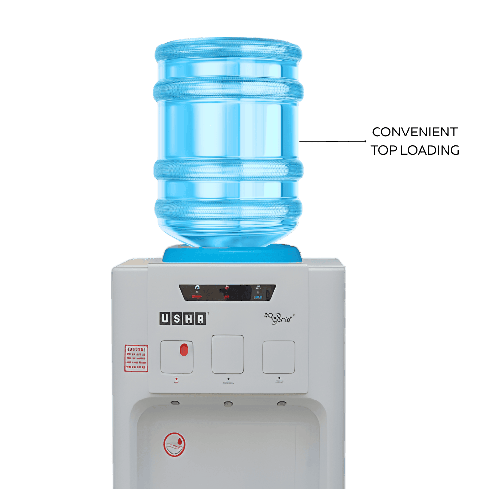 Usha Aquagenie table top water dispenser with a 20-liter bottle mounted on top.