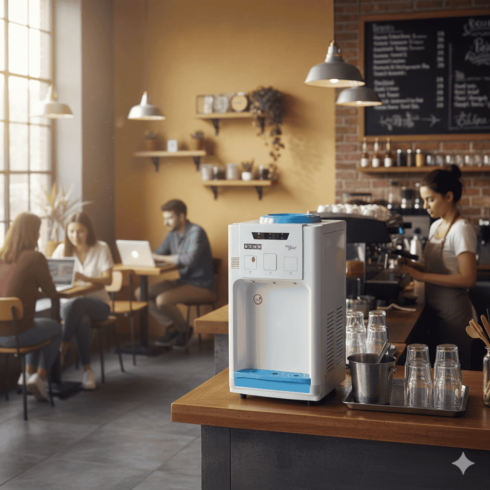 LED indicator lights on an Usha Aquagenie dispenser showing power and heating status functions.