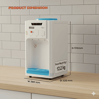 Usha Aquagenie table top dispenser showing the top loading area for a standard water bottle.